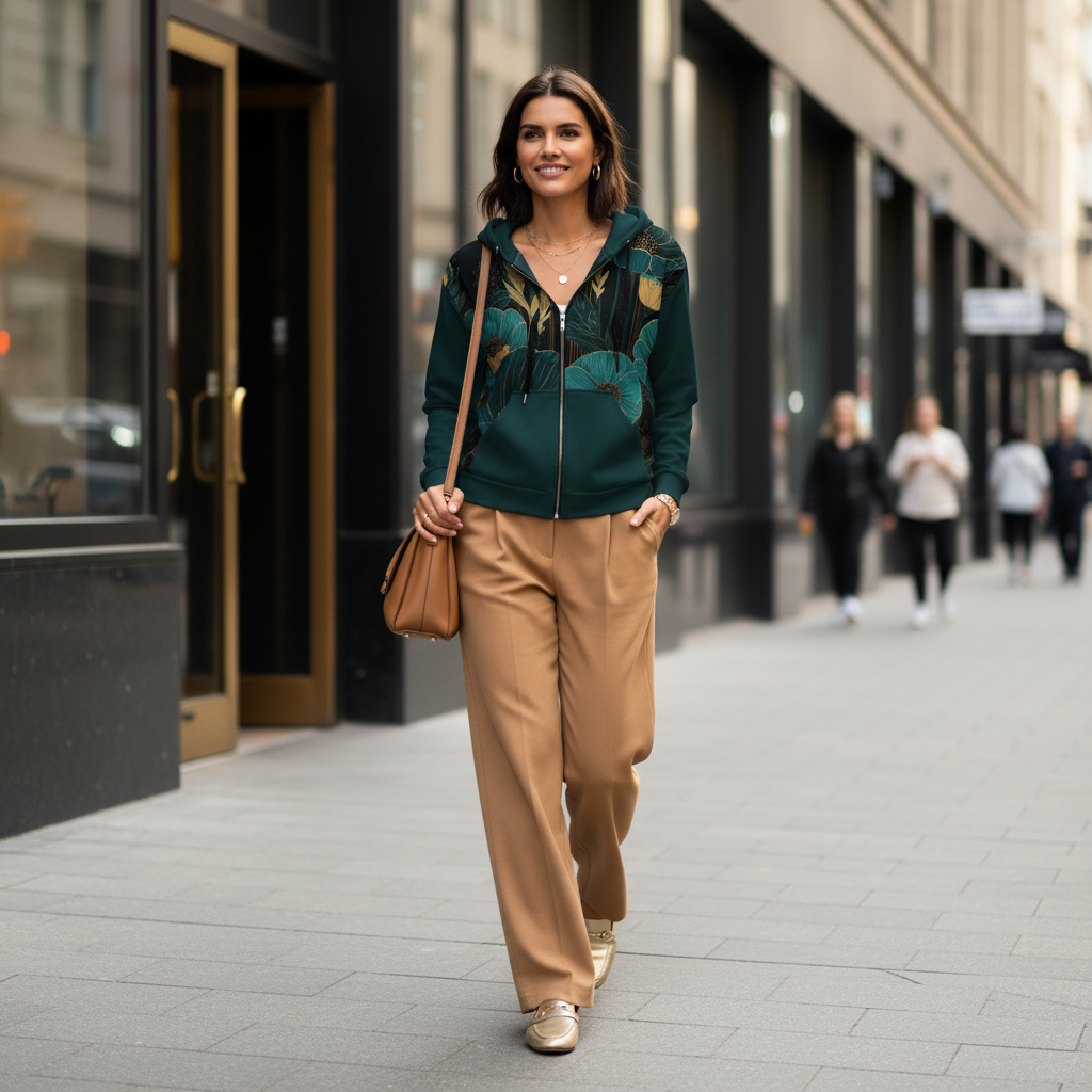 Woman in teal hoodie with camel wide-leg trousers