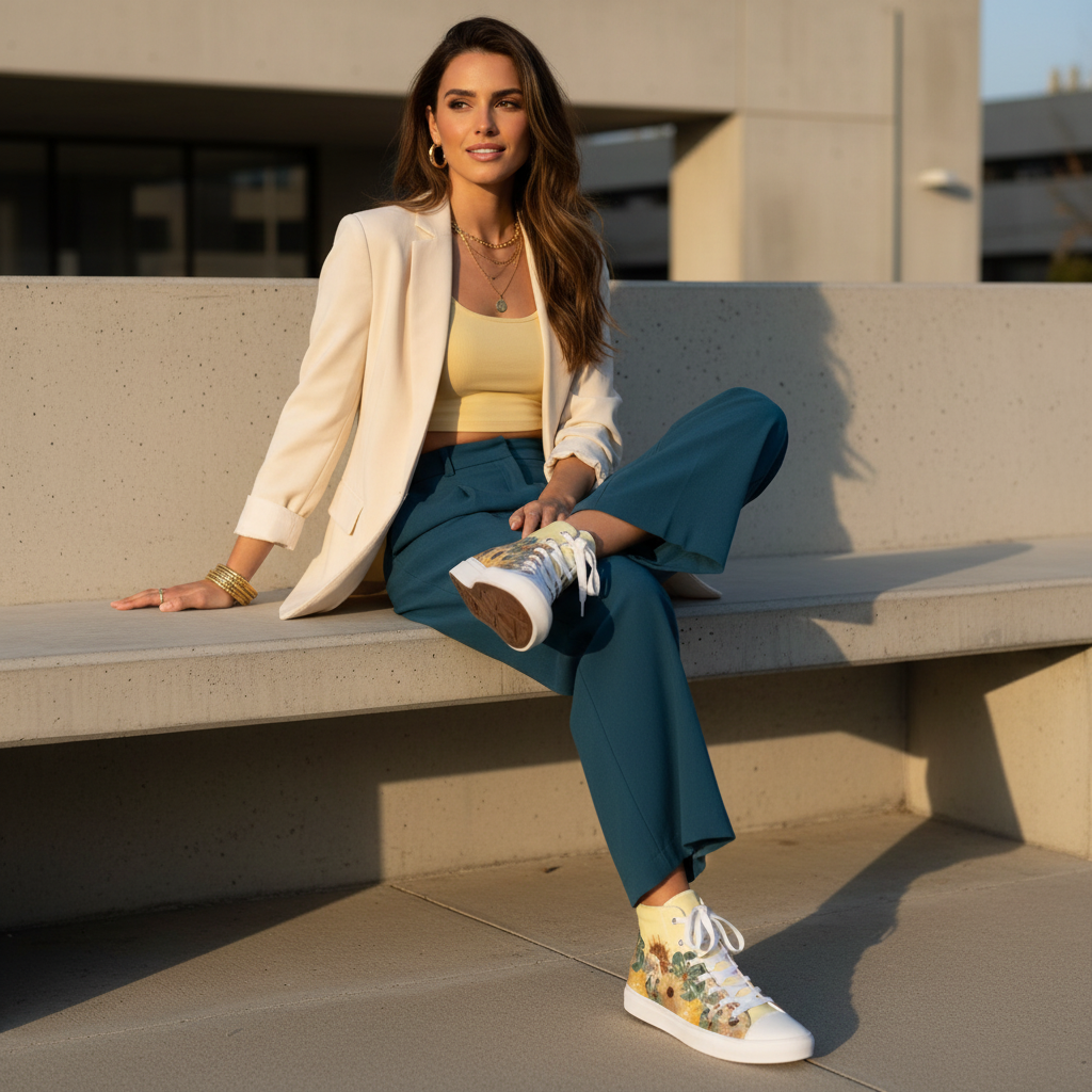 Woman in teal trousers yellow crop top and cream blazer with vintage floral high-top shoes