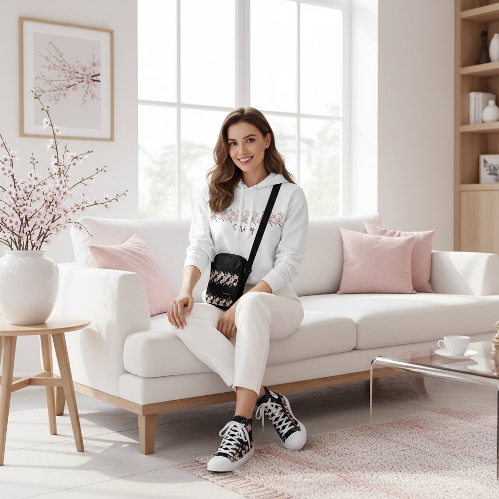 Woman in white cherry blossom hoodie with matching accessories in chic living room