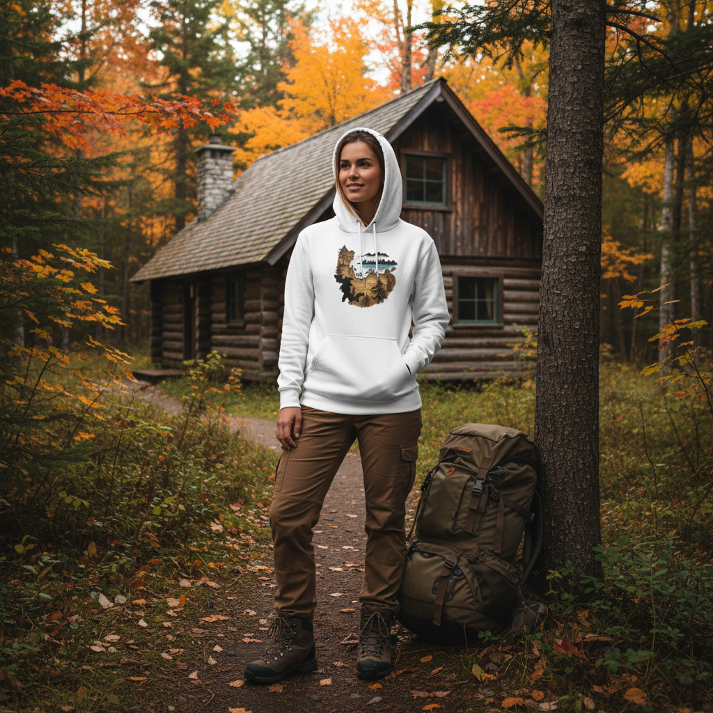Woman in white old map hoodie with brown cargo pants at Canadian log cabin in forest