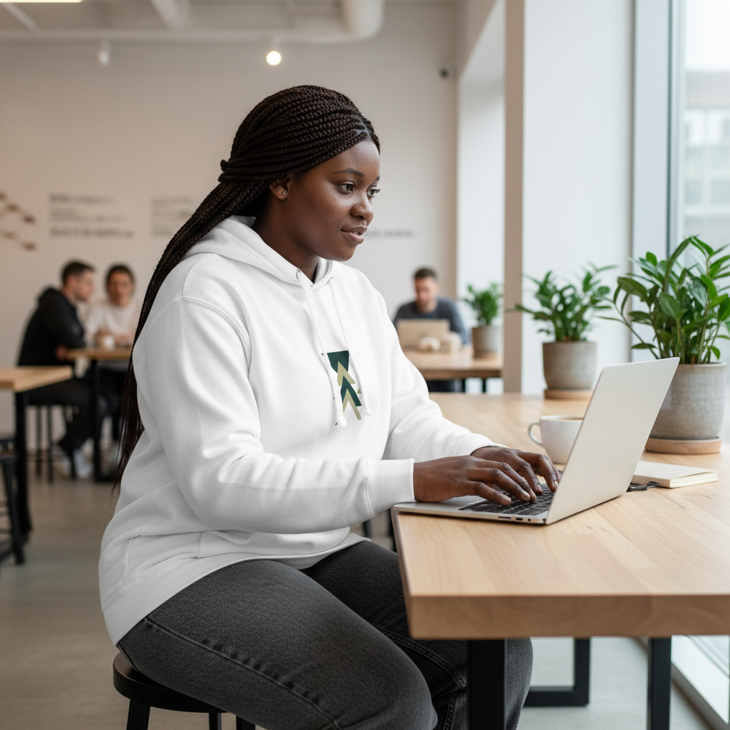 Woman in white triangle hoodie at modern café