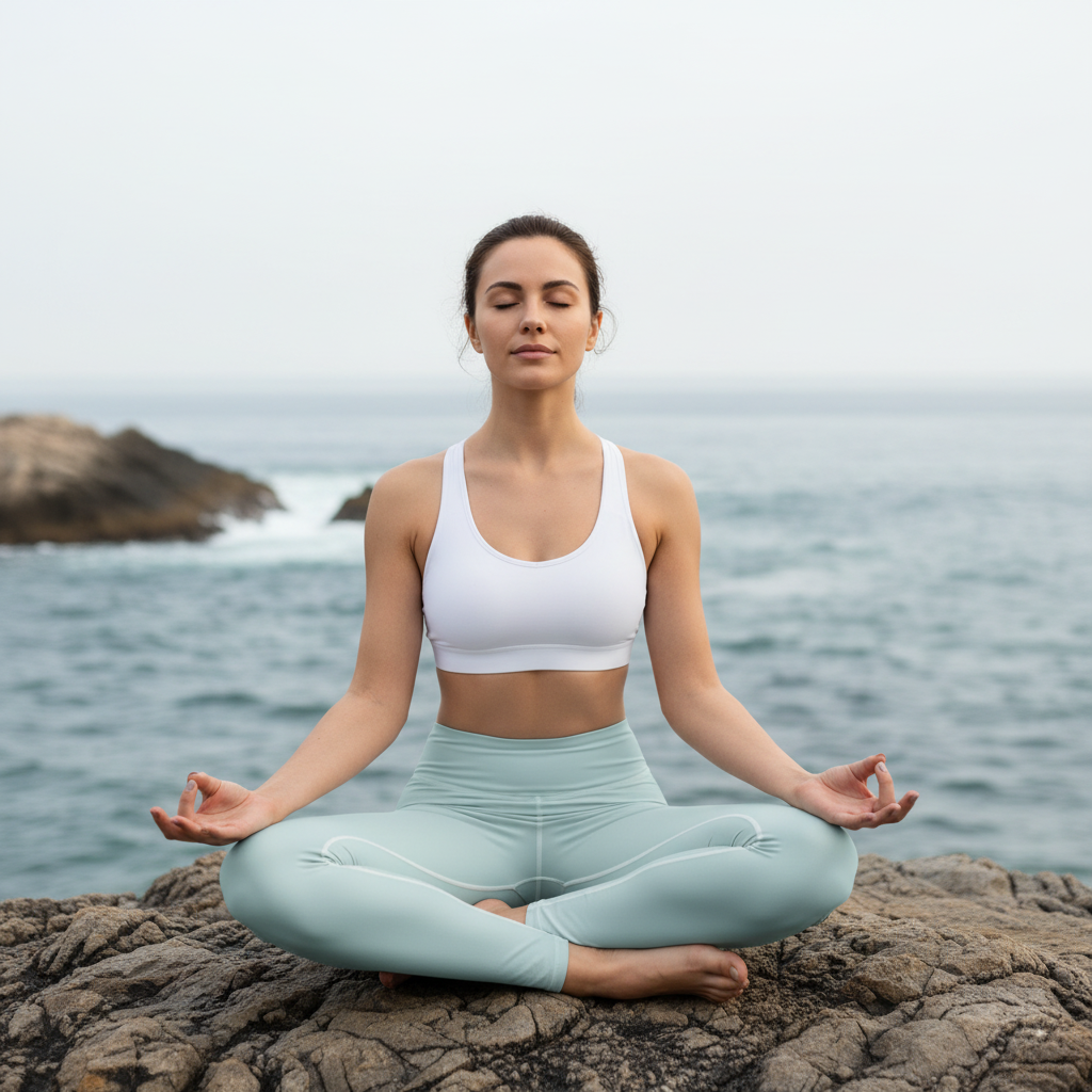 Woman meditating in blue-green leggings with silver dragon design on coastal rocks