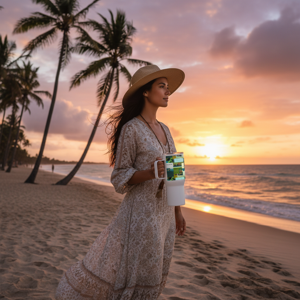 Woman on beach at sunset holding travel mug with tropical design - wanderlust inspiration