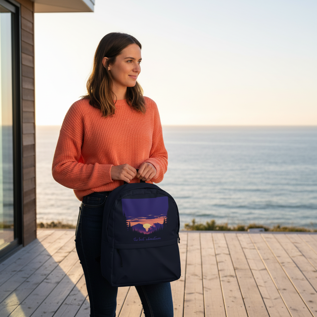 Woman on coastal deck with backpack