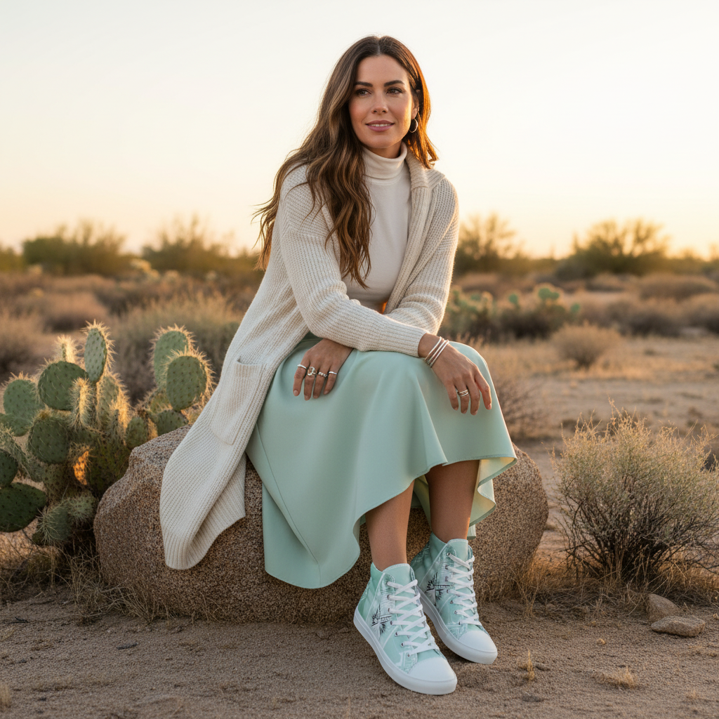 Woman on desert rock in mint midi skirt white turtleneck with geometric tribal high-tops prominent