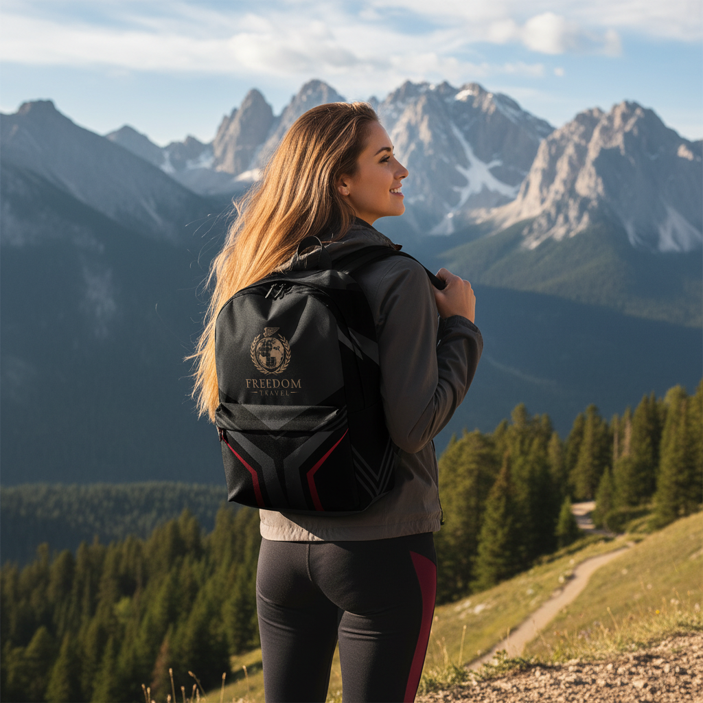 Woman on mountain overlook with elegant backpack