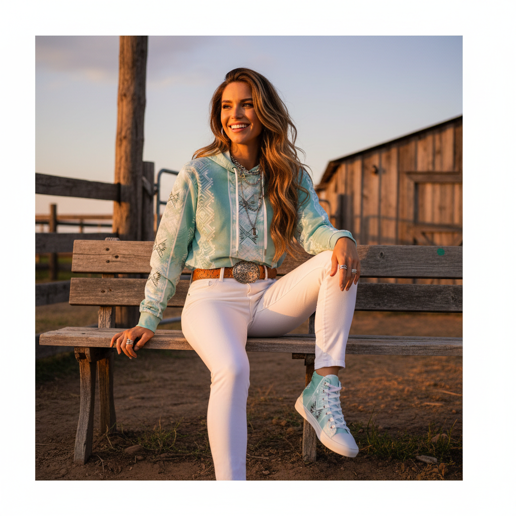 Woman on ranch bench in mint geometric hoodie with matching high-tops and white jeans