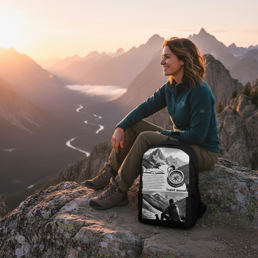 Woman on rocky overlook with Travel Journal backpack mountain vista