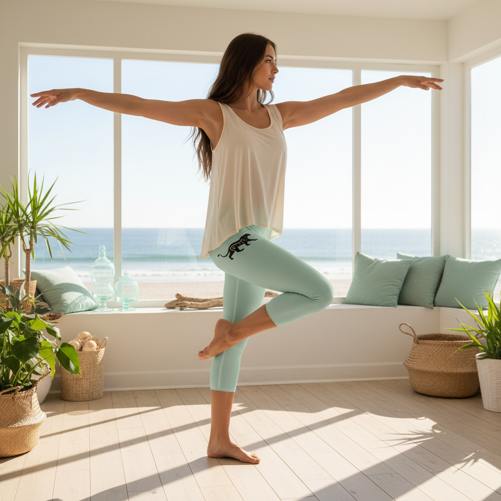 Woman practicing yoga in mint capri leggings with horse design and white top in coastal home