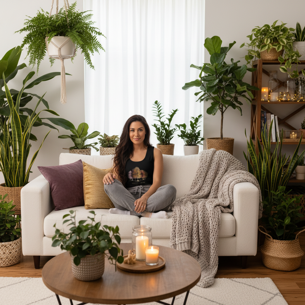 Woman relaxing on cozy sofa in black Journey of Life tank top surrounded by plants in hygge interior