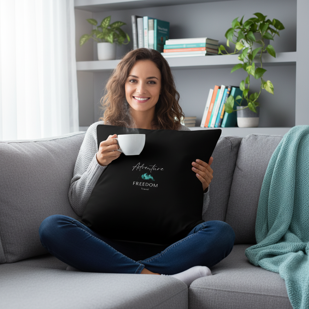 Woman relaxing with Adventure Freedom Travel pillow on sofa