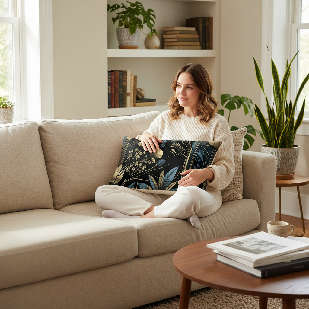 Woman relaxing with Art Deco botanical pillow on beige sofa