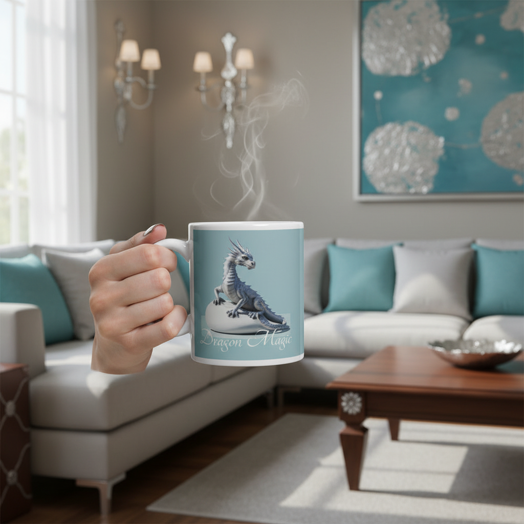 Woman relaxing with silver dragon mug