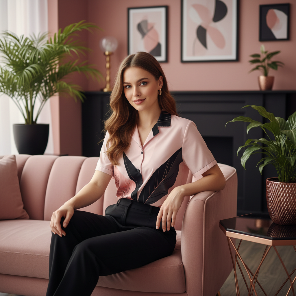 Woman sitting on pink velvet sofa wearing pink black botanical shirt and black trousers in sophisticated interior