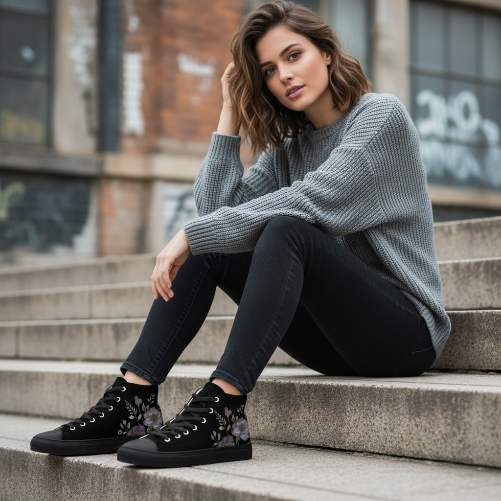 Woman sitting on steps in grey sweater with floral sneakers in focus
