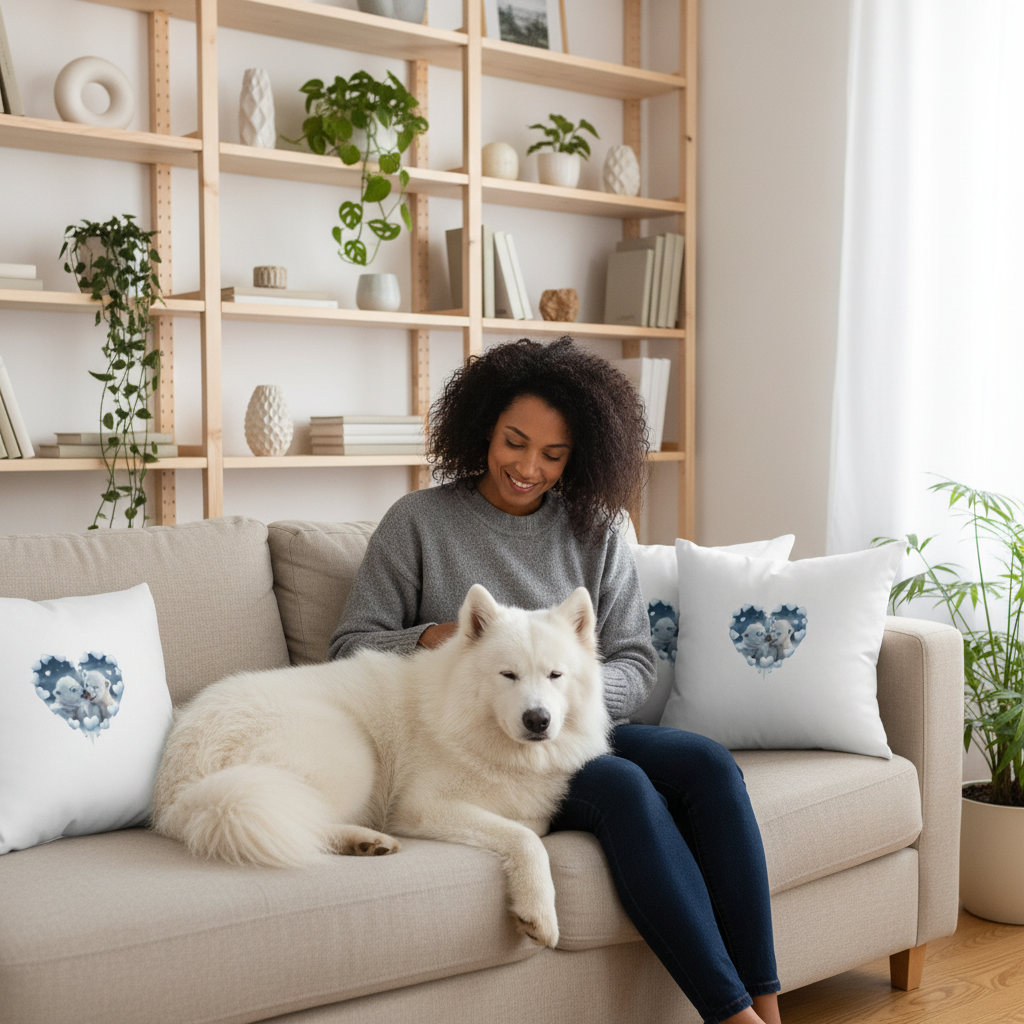 Woman sitting peacefully with white Samoyed dog on beige linen sofa with polar bear heart pillows capturing pure love and companionship