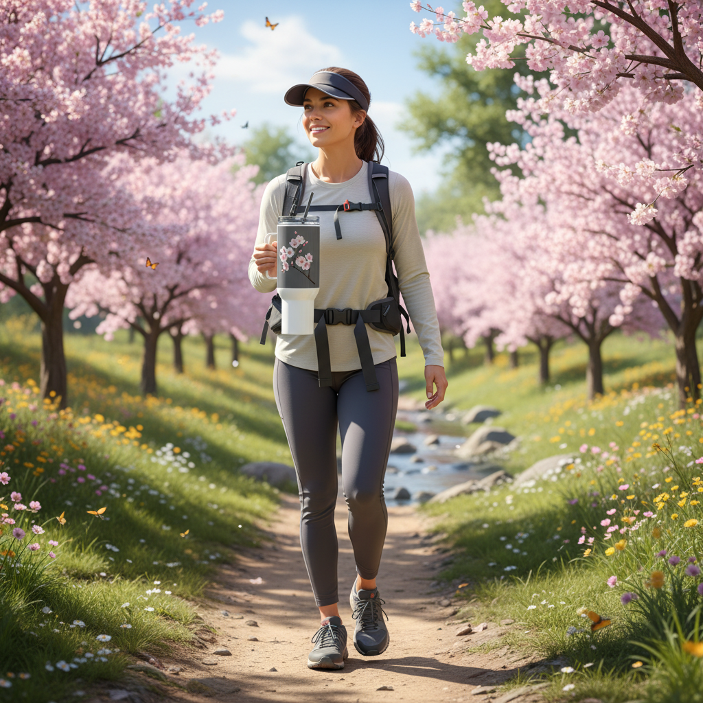 Woman walking with 40oz sakura tumbler outdoors