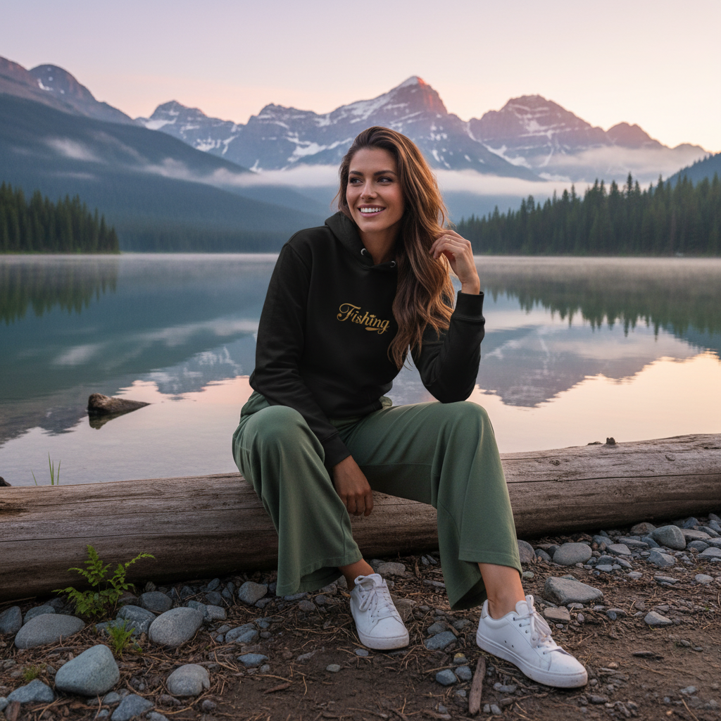 Woman wearing black Fishing hoodie with olive green wide-leg pants and white sneakers by Canadian lake