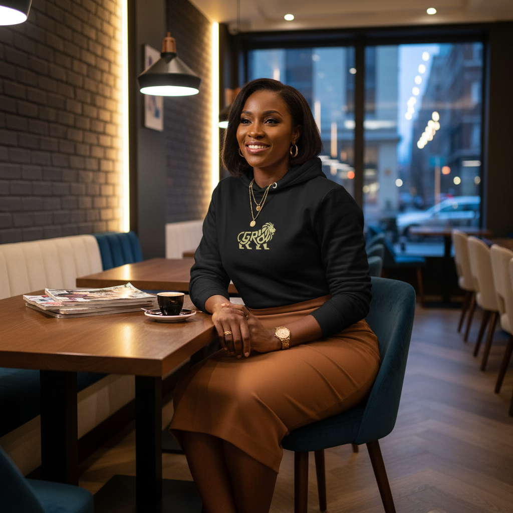 Woman wearing black gold lion hoodie with cognac brown midi pencil skirt in luxurious cafe