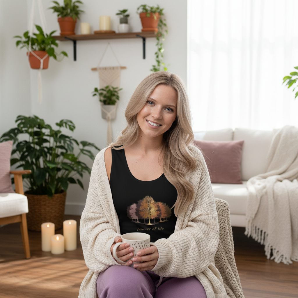 Woman wearing black tree design tank top with cream cardigan holding mug in warm hygge botanical space