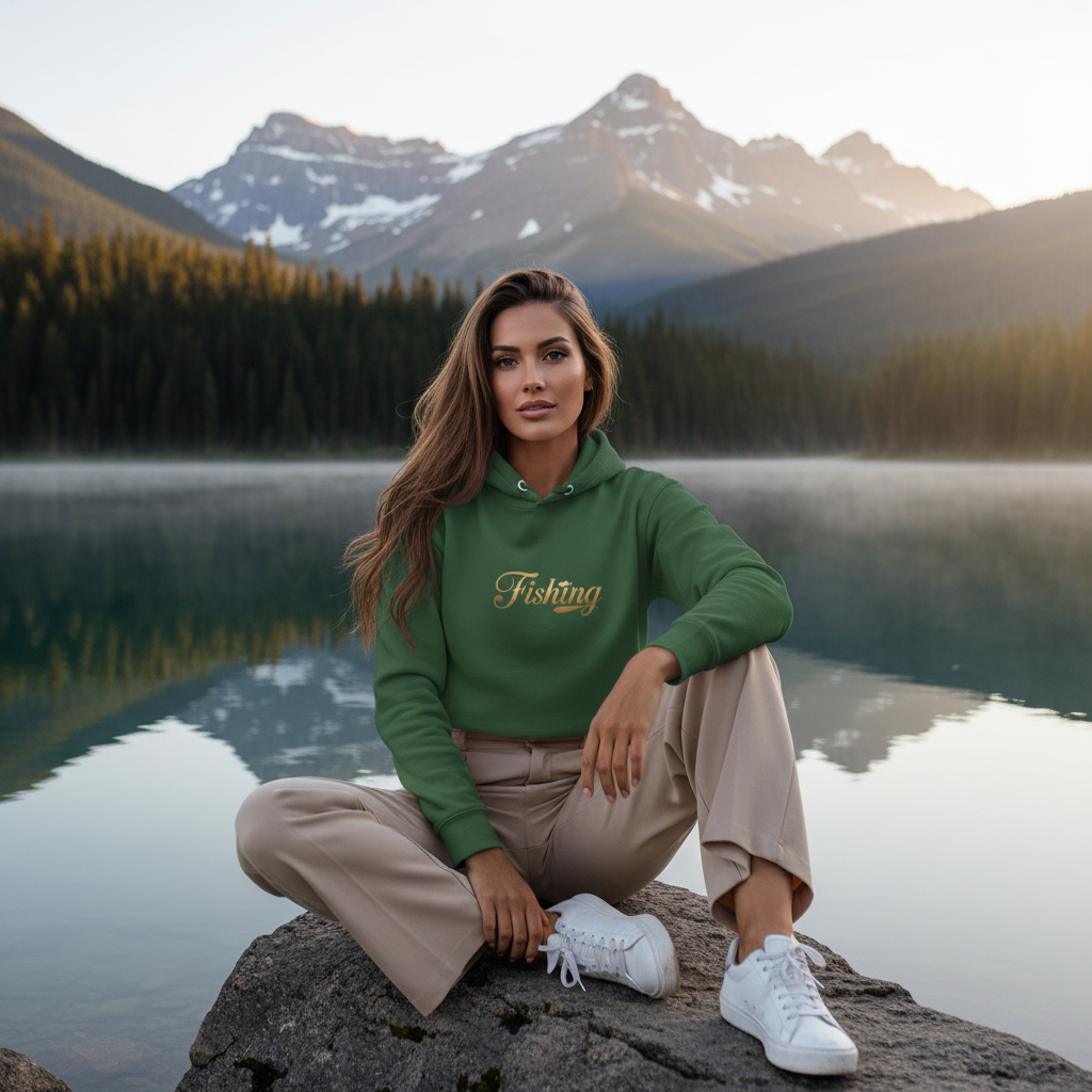 Woman wearing forest green Fishing hoodie with beige wide-leg pants and white sneakers by Canadian lake