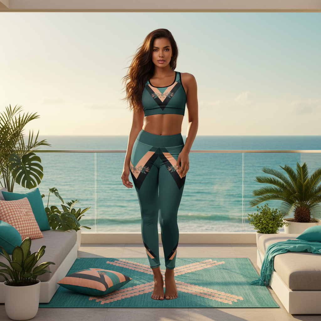 Woman wearing geometric activewear set on modern beach house terrace with ocean views