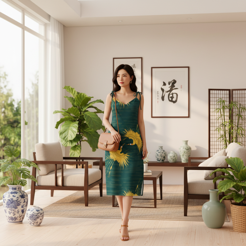 Woman wearing golden crane midi dress in bright modern interior with Chinese decor and plants