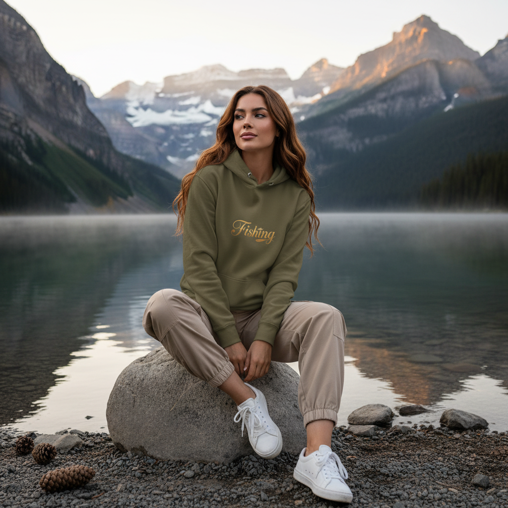 Woman wearing military green Fishing hoodie with beige cargo pants and white sneakers by Canadian lake