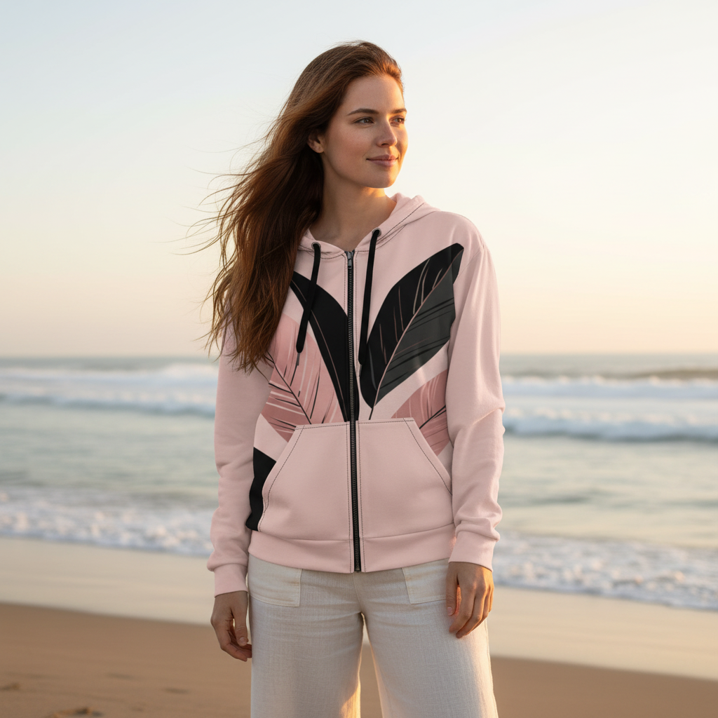 Woman wearing pink botanical leaf hoodie and white pants standing on beach by ocean