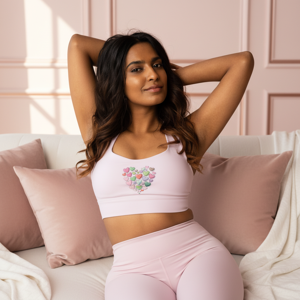 Woman wearing pink sports bra with heart pattern and matching leggings in blush pink interior