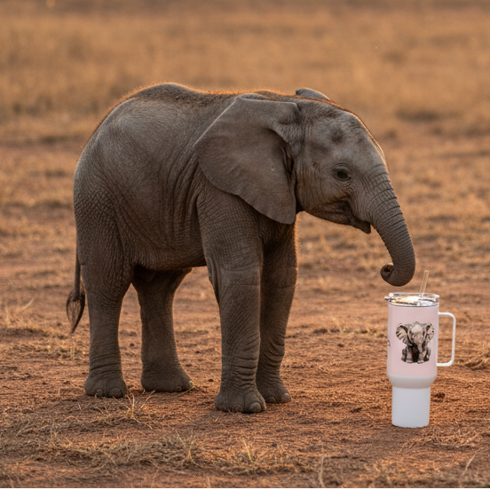 Woman white dress realistic sized baby elephant waist height trunk touching travel mug proper proportion