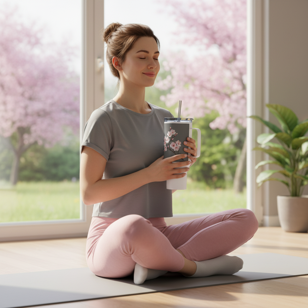 Woman with 40oz mug at yoga