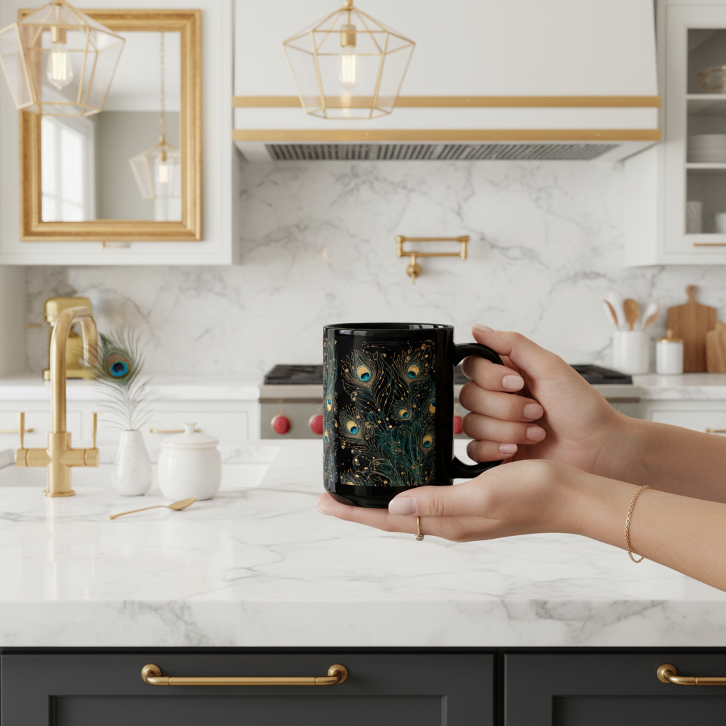 Woman with peacock mug in glamour kitchen