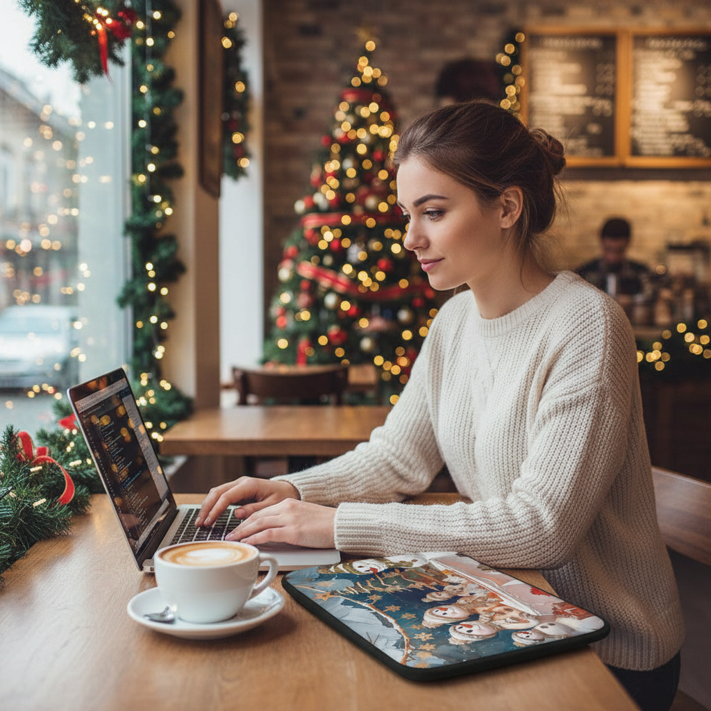 Woman with Snowman Laptop Sleeve in Coffee Shop
