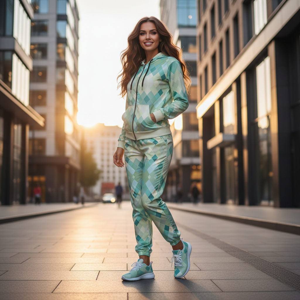 Women's complete Happy Colors outfit turquoise geometric track pants zip hoodie matching athletic shoes luxury street style