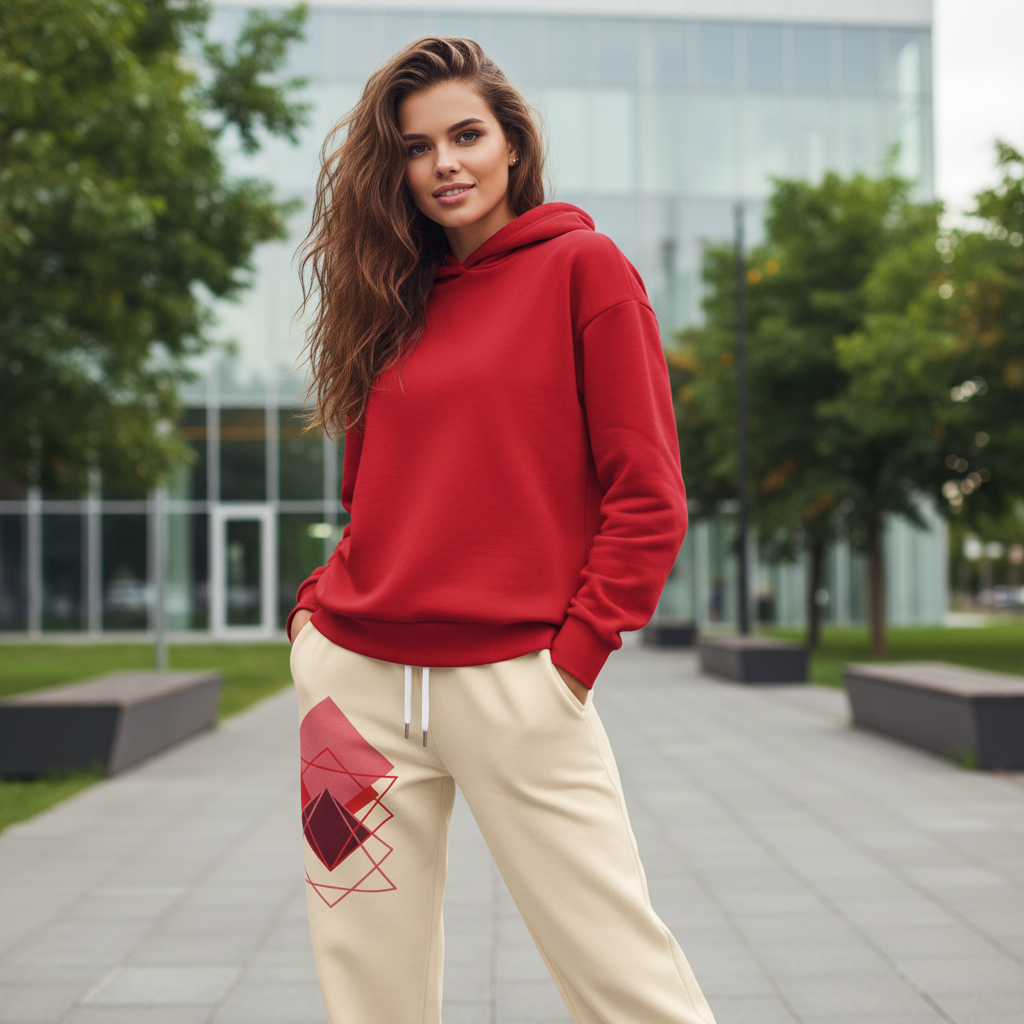 Women's cream track pants with red geometric pattern styled with red hoodie in outdoor urban setting