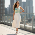Women's turquoise geometric tank top with high-waisted beige skirt white sneakers rooftop terrace summer elegant outfit