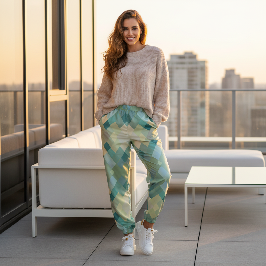 Women's turquoise geometric track pants with cream beige oversized sweater white sneakers rooftop terrace luxury casual wear