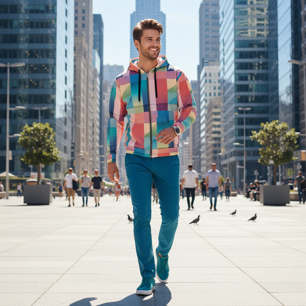 Young man in colorful zip hoodie with matching teal chinos and sneakers