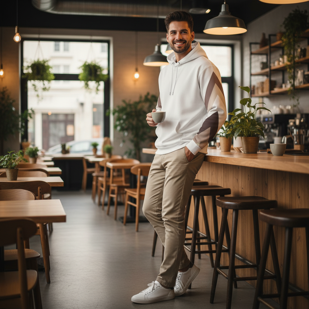 Young man in geometric hoodie with beige chinos in café