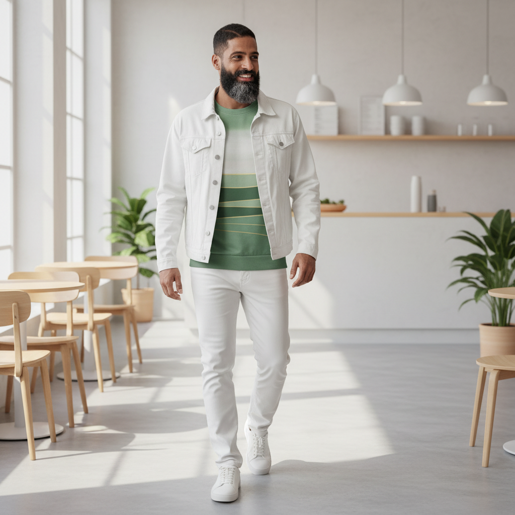 Young man in green sweatshirt with white denim jacket