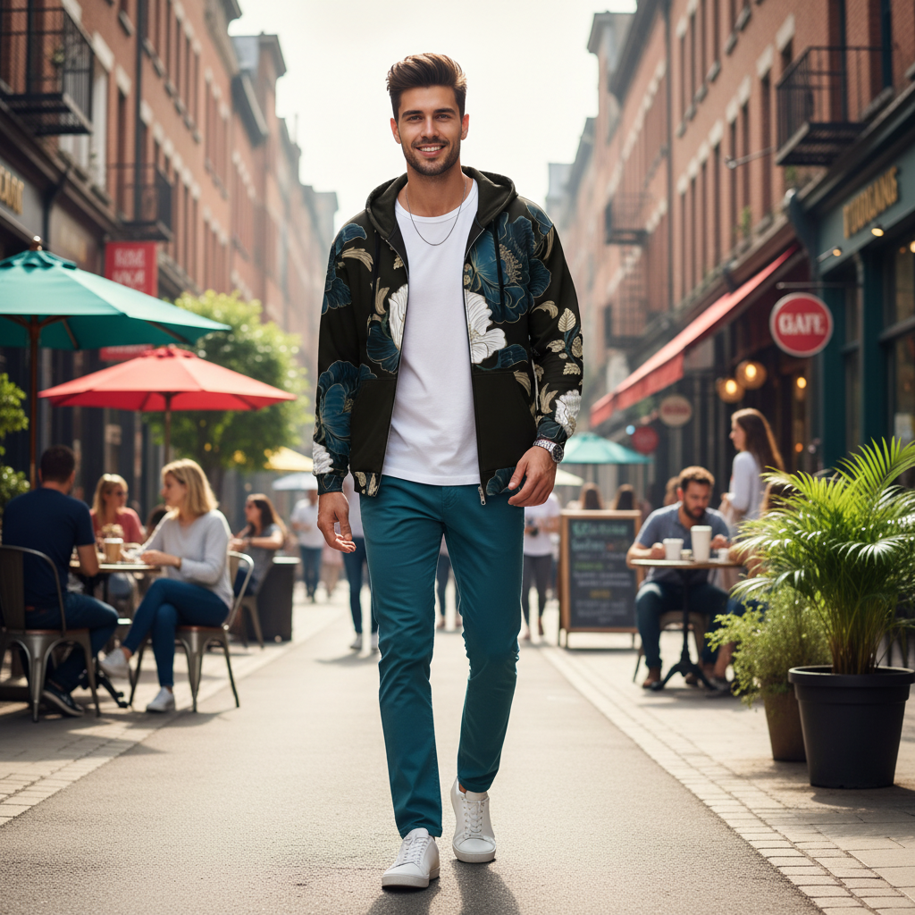 Young man in open black floral zip hoodie with teal chinos showing pattern
