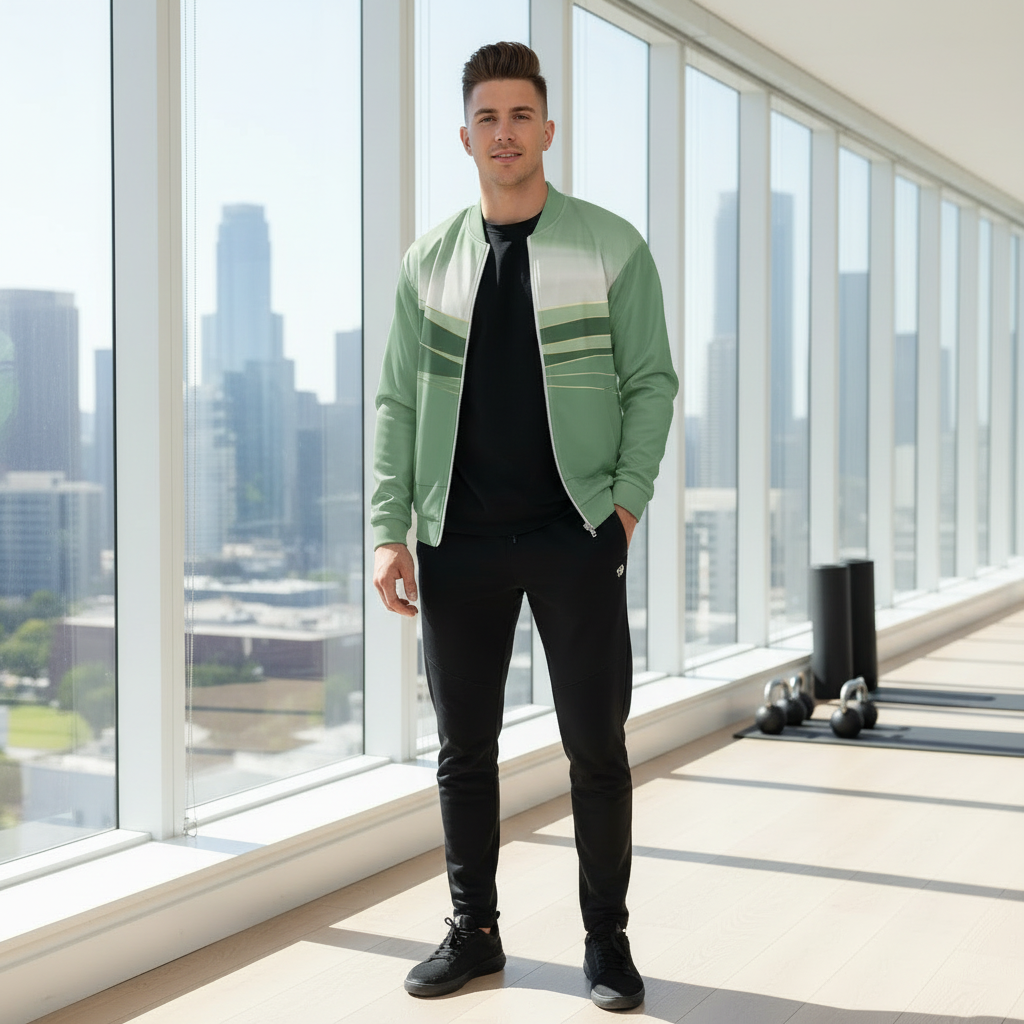 Young man in unzipped green bomber with black track pants