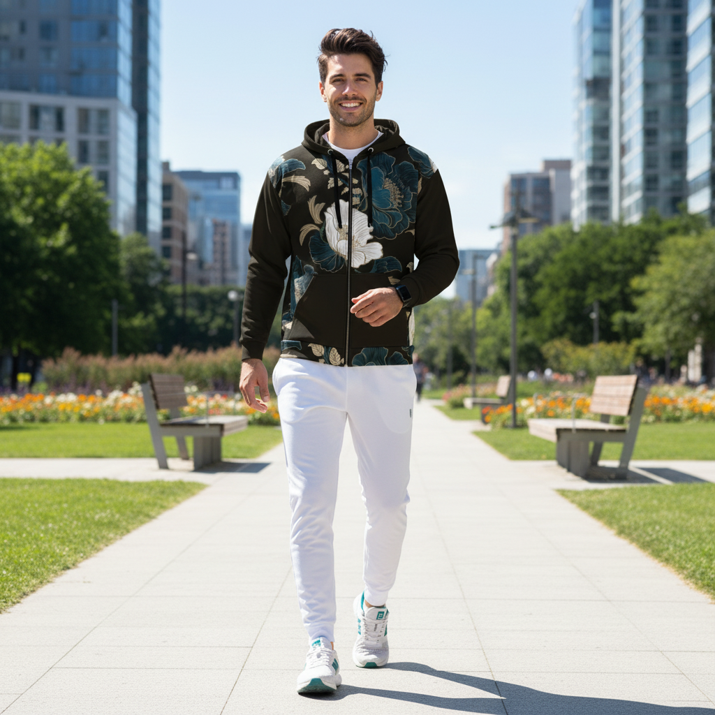Young man in zipped black floral zip hoodie with white athletic joggers