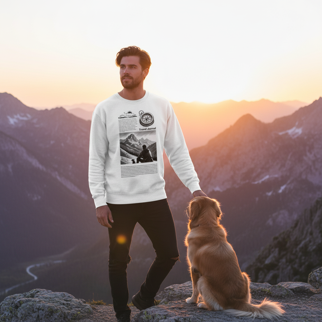 Young man white Travel Journal sweatshirt mountain overlook with golden retriever