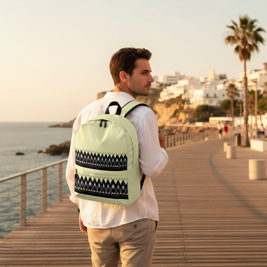 Young man with geometric backpack Mediterranean coastal travel lifestyle